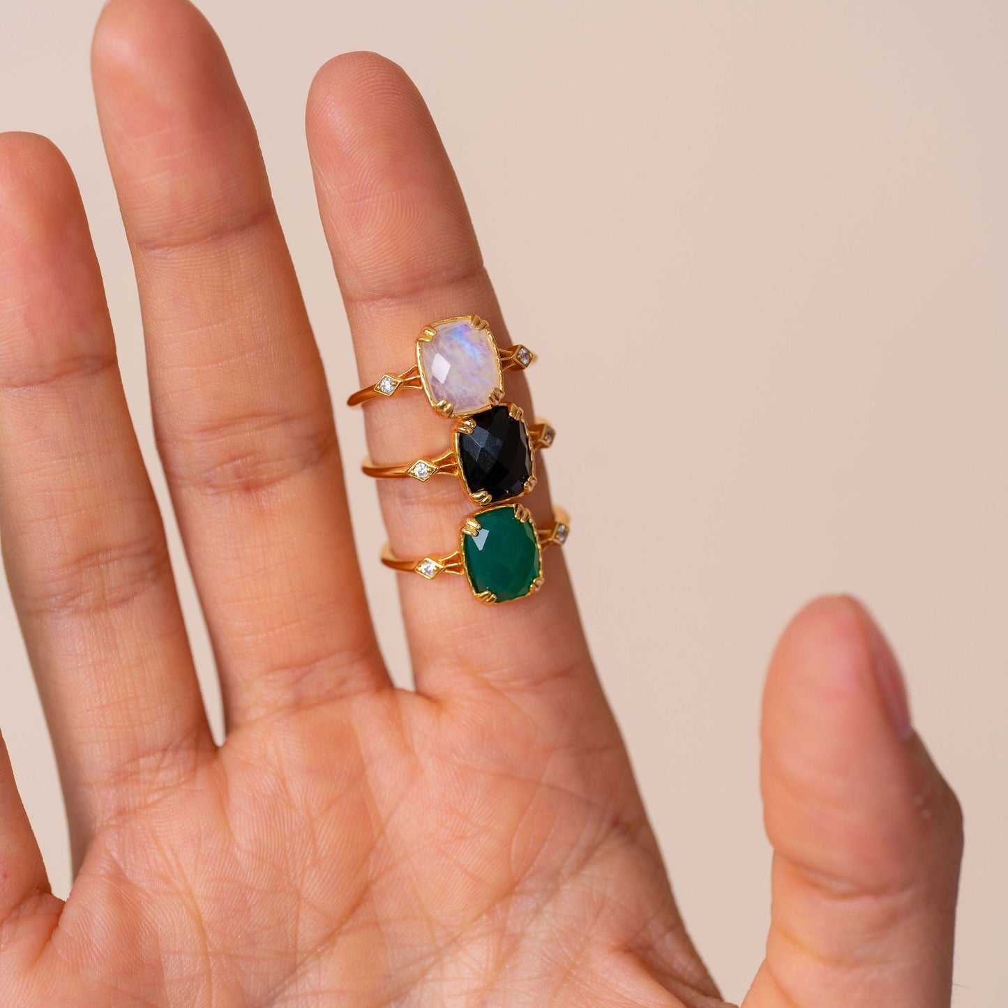 Solid Gold Cleopatra Moonstone Art Deco Ring