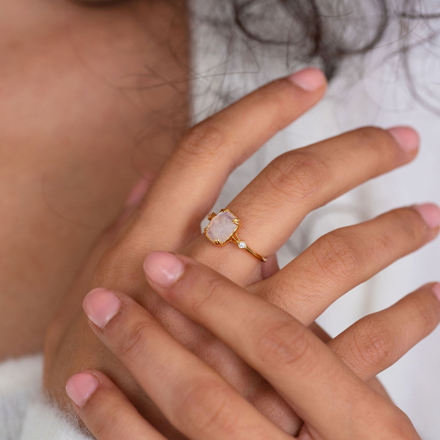 Solid Gold Cleopatra Moonstone Art Deco Ring
